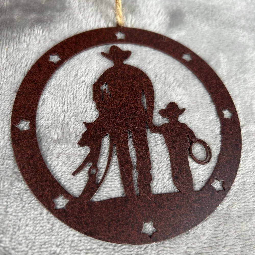 Metal Christmas Ornament Western Silhouette Cowboy & Little Cowboy Scene Round